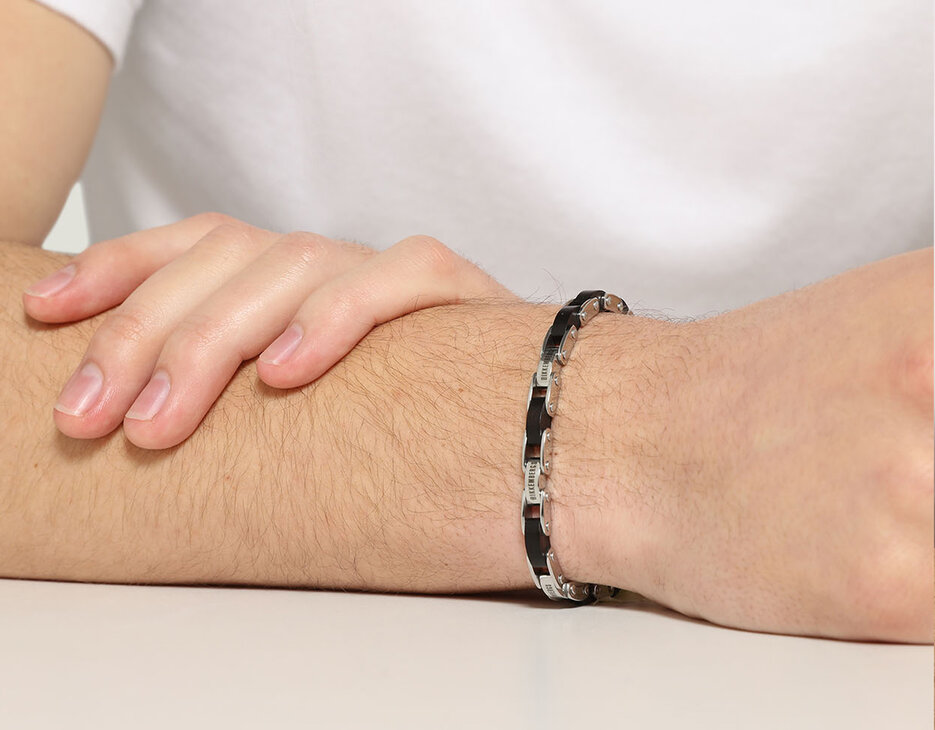 Men's bracelet in ebony and steel, WHITE Men's bracelet in ebony and steel, WHITE, hi-res-1