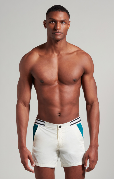 Men's short swim trunks with stripes, MARSHMALLOW Men's short swim trunks with stripes, MARSHMALLOW, hi-res-1
