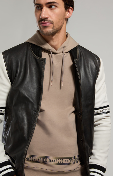 Men's leather varsity jacket, BLACK/OFF WHITE, hi-res-1