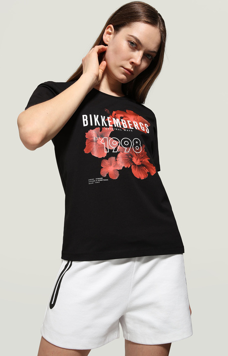 Women's T-shirt with floral print, BLACK Women's T-shirt with floral print, BLACK, hi-res-1