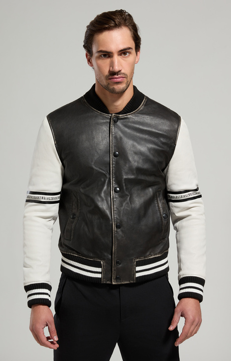 Men's leather varsity jacket, BLACK/OFF WHITE, hi-res-1