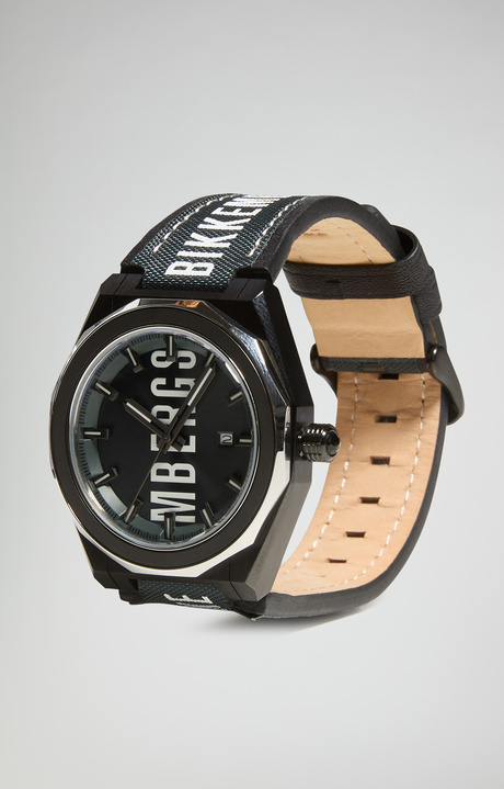 Watch with leather band, BLACK/WHITE Watch with leather band, BLACK/WHITE, hi-res-1