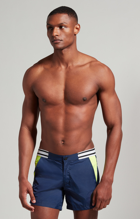 Men's short swim trunks with stripes, NAVY Men's short swim trunks with stripes, NAVY, hi-res-1