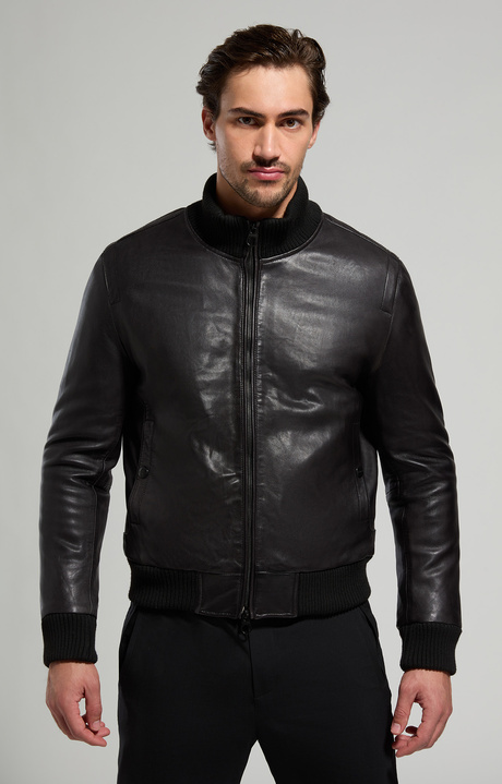 Men's leather bomber jacket, BLACK, hi-res-1