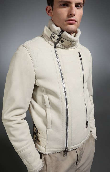 Men's sheepskin biker jacket, WHITE Men's sheepskin biker jacket, WHITE, hi-res-1
