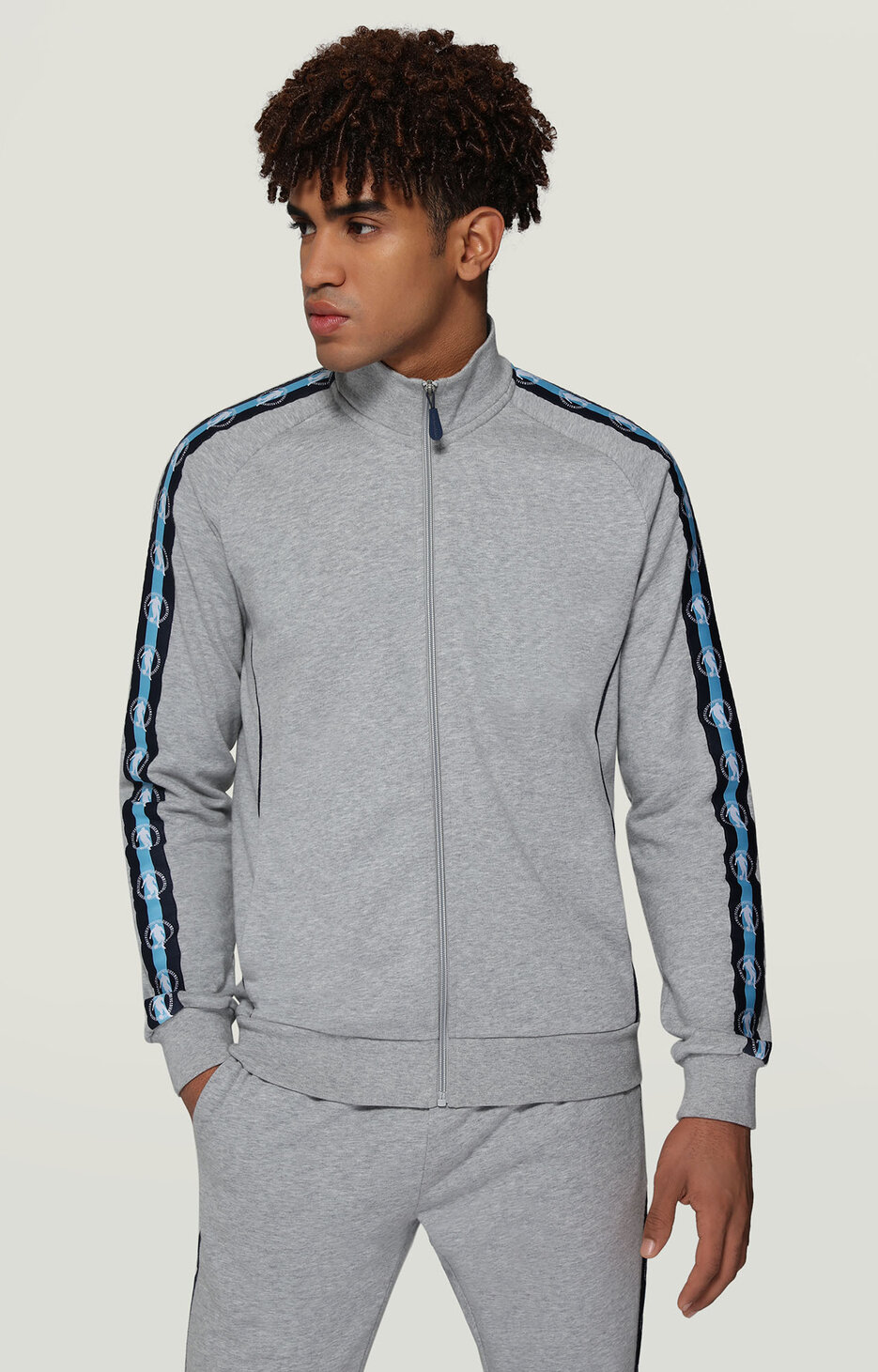 Men's sweatshirt with contrast bands, GREY MELANGE Men's sweatshirt with contrast bands, GREY MELANGE, hi-res-1