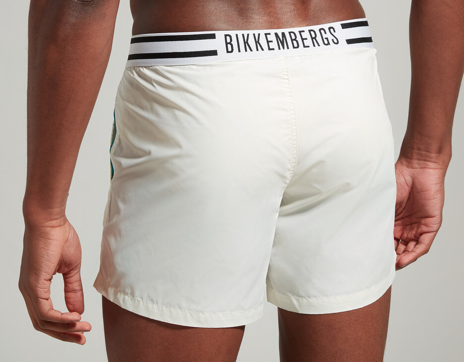 Men's short swim trunks with stripes, MARSHMALLOW Men's short swim trunks with stripes, MARSHMALLOW, hi-res-1