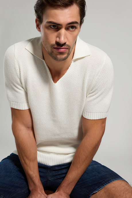 Men's open knit polo shirt, MARSHMALLOW, hi-res-1