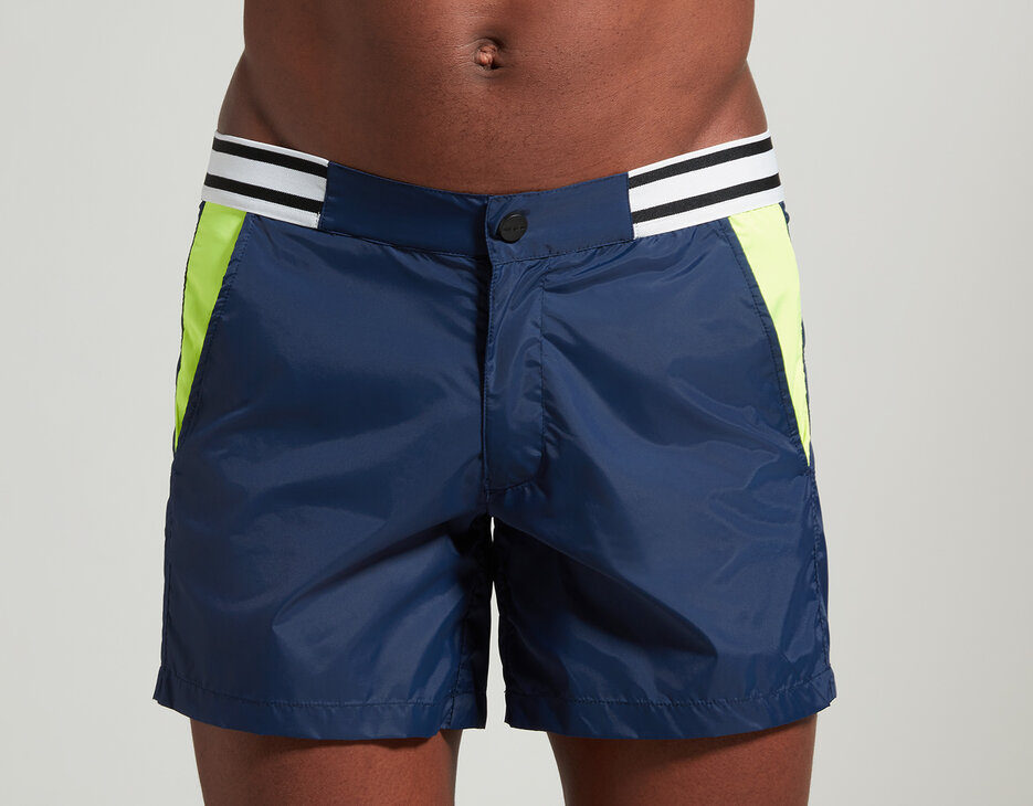 Men's short swim trunks with stripes, NAVY Men's short swim trunks with stripes, NAVY, hi-res-1