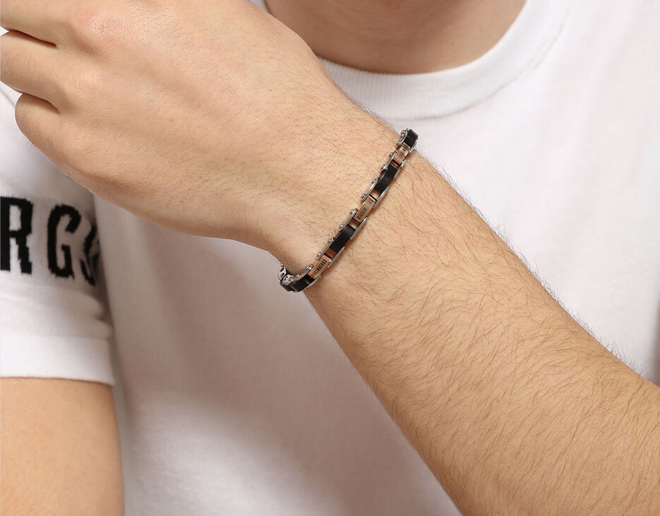 Men's bracelet in ebony and steel, WHITE/ROSE Men's bracelet in ebony and steel, WHITE/ROSE, hi-res-1