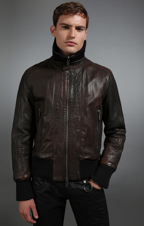 Men's leather bomber jacket, BROWN/BLACK Men's leather bomber jacket, BROWN/BLACK, hi-res-1
