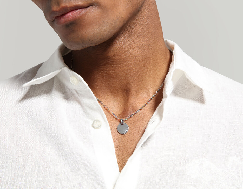 Men's necklace with medal pendant and diamond, WHITE Men's necklace with medal pendant and diamond, WHITE, hi-res-1