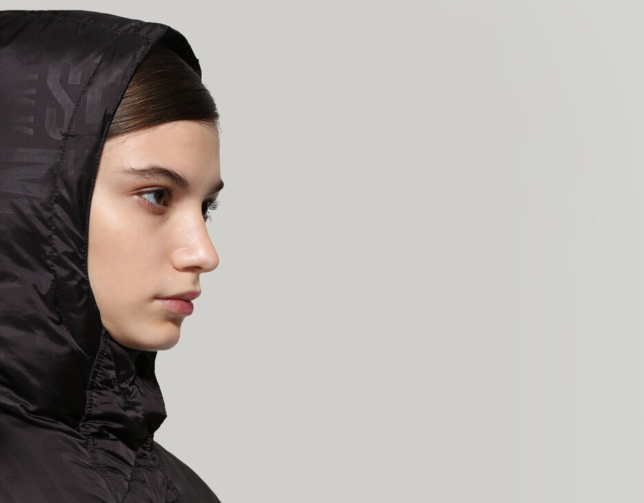 Women's long puffer jacket with all-over print, BLACK Women's long puffer jacket with all-over print, BLACK, hi-res-1