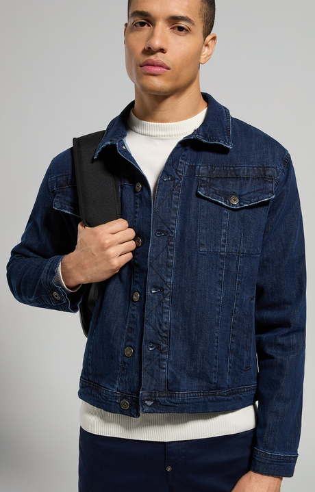 Men's slim fit denim jacket, BLUE DENIM  DARK LAV.4 Men's slim fit denim jacket, BLUE DENIM  DARK LAV.4, hi-res-1