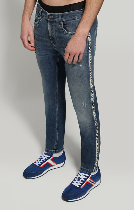 Men's jeans slim fit with tape, BLUE DENIM WASH Men's jeans slim fit with tape, BLUE DENIM WASH, hi-res-1
