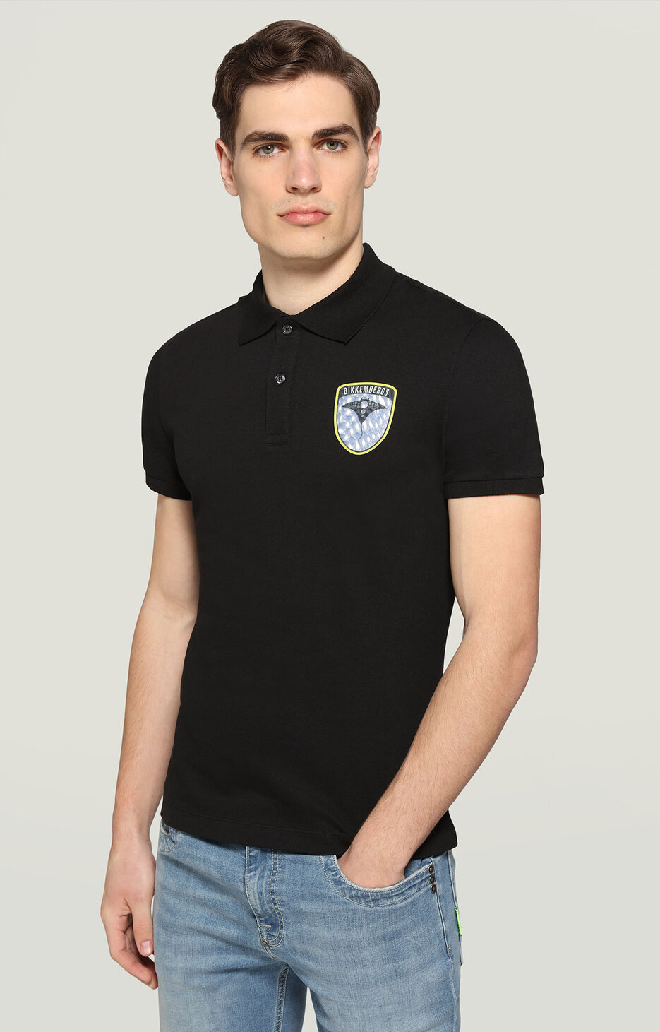 Men's polo shirt with patch applique, BLACK Men's polo shirt with patch applique, BLACK, hi-res-1