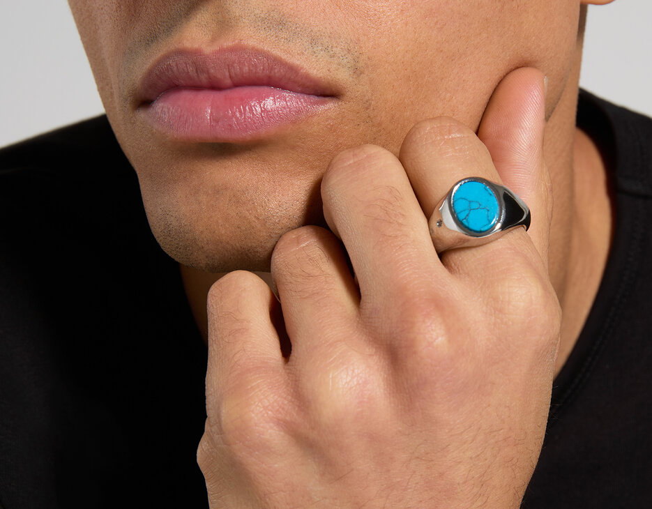 Men's chevalier ring with turquoise, WHITE Men's chevalier ring with turquoise, WHITE, hi-res-1