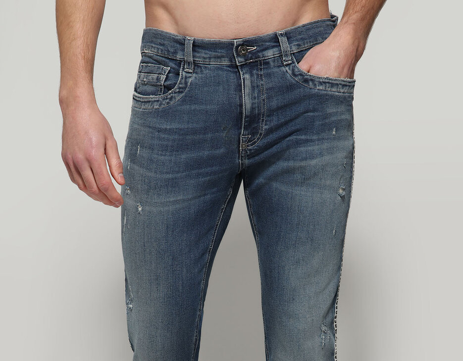Men's jeans slim fit with tape, BLUE DENIM WASH Men's jeans slim fit with tape, BLUE DENIM WASH, hi-res-1