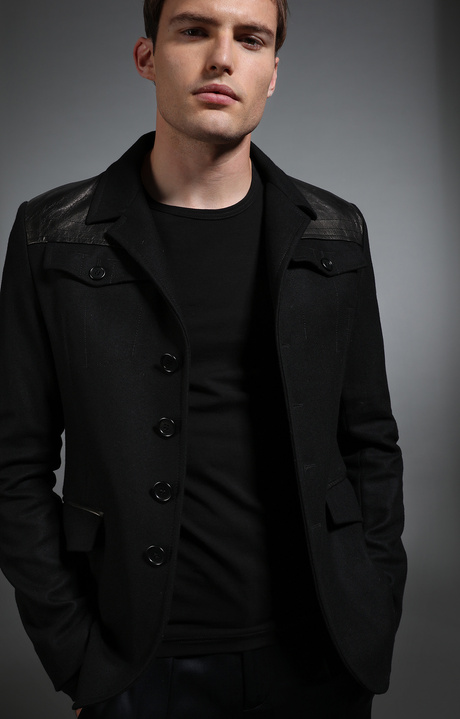 Men's black wool and leather military style jacket, BLACK Men's black wool and leather military style jacket, BLACK, hi-res-1