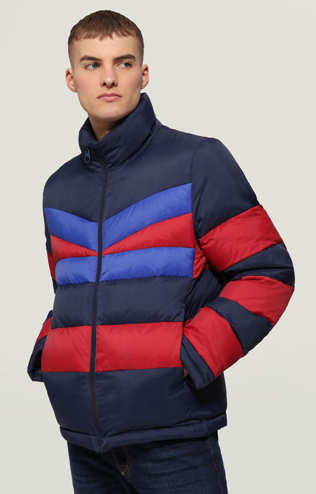 Men's puffer jacket with stripes , NAVY BLUE/RUMBARED/SURF THE WEB, hi-res-1