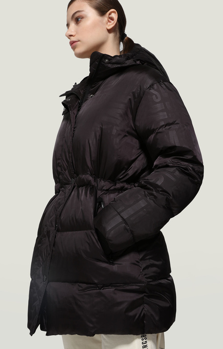 Women's long puffer jacket with all-over print, BLACK Women's long puffer jacket with all-over print, BLACK, hi-res-1
