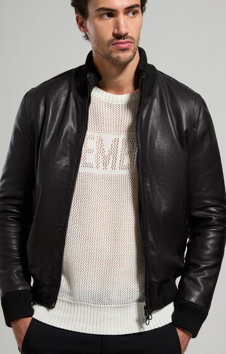 Men's leather bomber jacket, BLACK, hi-res-1