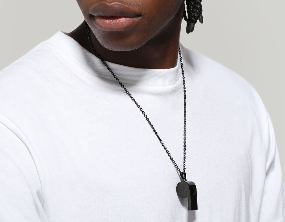 Men's necklace with whistle and diamond, BLACK Men's necklace with whistle and diamond, BLACK, hi-res-1
