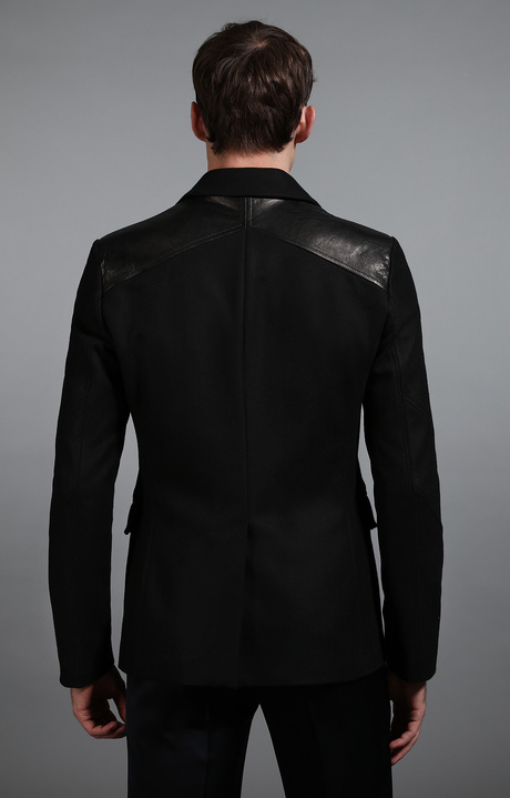 Men's black wool and leather military style jacket, BLACK Men's black wool and leather military style jacket, BLACK, hi-res-1