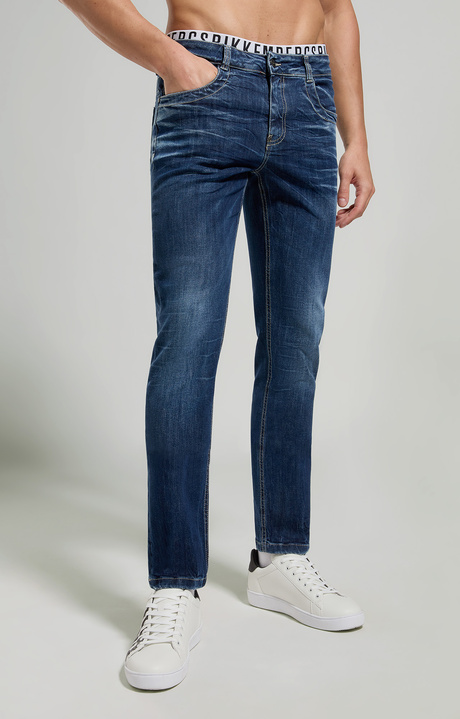 Men's slim fit jeans with cavallino leather detail, L6 BLUE DENIM Men's slim fit jeans with cavallino leather detail, L6 BLUE DENIM, hi-res-1