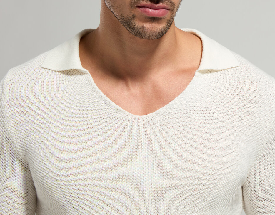 Men's open knit polo shirt, MARSHMALLOW Men's open knit polo shirt, MARSHMALLOW, hi-res-1