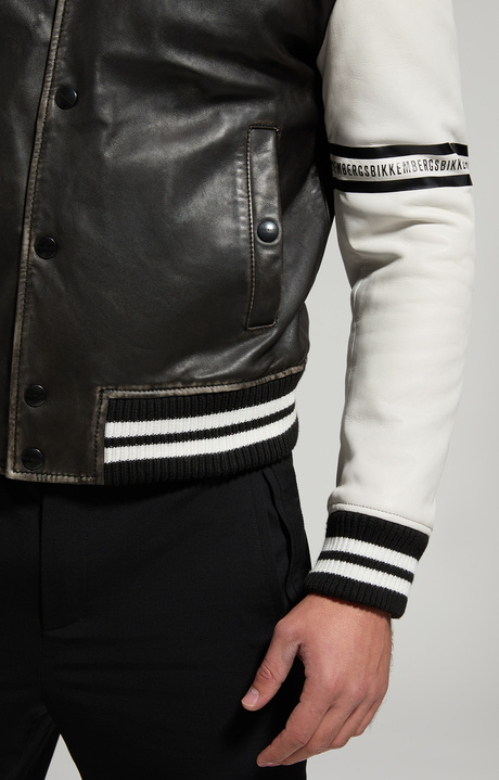 Men's leather varsity jacket, BLACK/OFF WHITE, hi-res-1