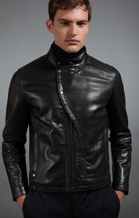 Men's black leather jacket, BLACK Men's black leather jacket, BLACK, hi-res-1