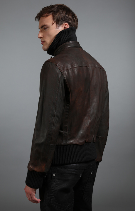 Men's leather bomber jacket, BROWN/BLACK Men's leather bomber jacket, BROWN/BLACK, hi-res-1