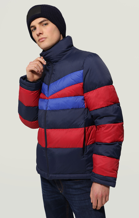 Men's puffer jacket with stripes , NAVY BLUE/RUMBARED/SURF THE WEB, hi-res-1
