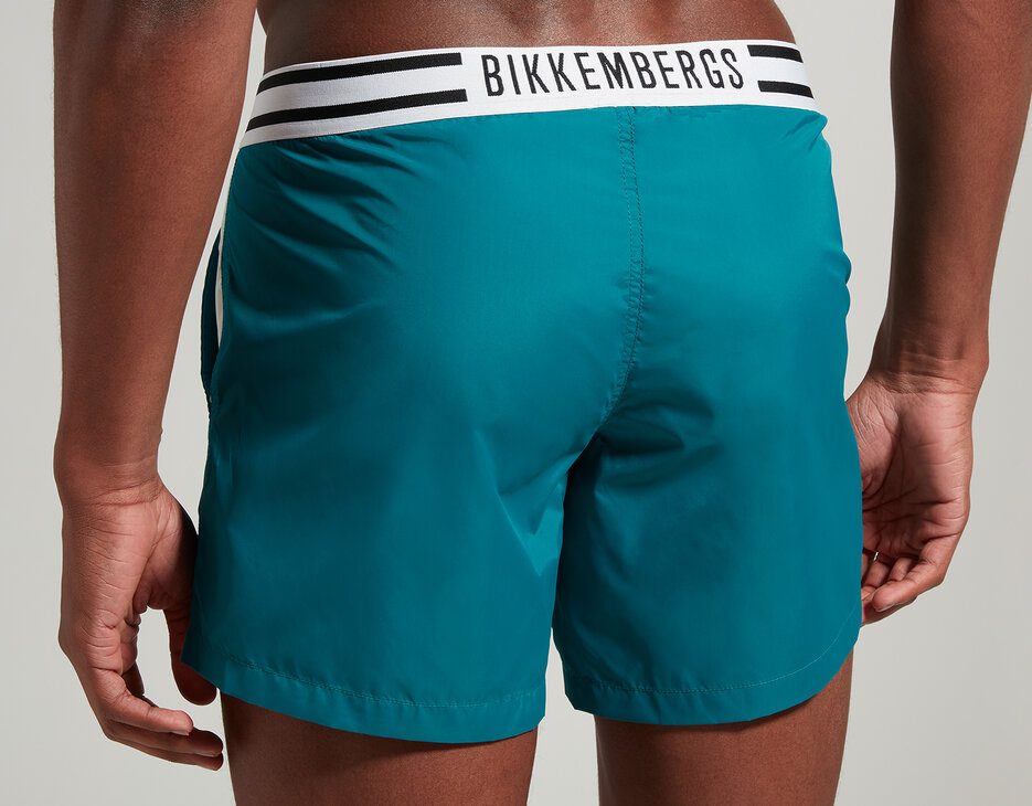 Men's short swim trunks with stripes, EVERGLADE Men's short swim trunks with stripes, EVERGLADE, hi-res-1